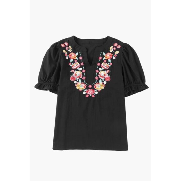 Womens Floral Embroidered Black Short Sleeve Blouse, 100% Cotton, Size S - Picture 1 of 7